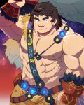  1boy abs bara belt brown_hair chest fate/grand_order fate_(series) gloves looking_at_viewer male_focus muscle navel nipples orion_(super_archer)_(fate) pants pectorals simple_background solo thick_eyebrows upper_body weapon yakiniku0141 
