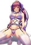  1girl ass_visible_through_thighs bangs bare_shoulders blush breasts cleavage closed_mouth detached_sleeves fate/grand_order fate_(series) garter_straps hair_between_eyes hair_ribbon large_breasts leaning_back long_hair looking_at_viewer panties pink_camisole ponytail purple_hair purple_panties purple_ribbon red_eyes ribbon scathach_(fate)_(all) scathach_skadi_(fate/grand_order) simple_background solo squatting sweat tako_seijin thighhighs thighs tiara underwear white_background white_legwear 