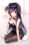  1girl animal animal_ears arm_up armpits bare_shoulders black_hair black_leotard blue_eyes bow bowtie breasts brown_legwear bunny bunny_ears bunny_hair_ornament bunnysuit cleavage detached_collar fake_animal_ears frown hair_ornament hairclip highres holding leotard long_hair looking_at_viewer medium_breasts pantyhose sakurajima_mai seishun_buta_yarou shouu-kun solo wrist_cuffs 