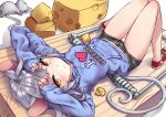  1girl :t >_< animal animal_ears arms_up black_shorts blue_hoodie breasts brown_eyes cheese chinese_zodiac closed_mouth commentary_request drawstring food grey_hair hood hood_down hoodie i_heart... knees_together_feet_apart knees_up long_sleeves looking_at_viewer lying mouse_(animal) mouse_ears mouse_girl mouse_tail mousetrap on_back original pout red_footwear ryuinu shoes short_shorts shorts sleeves_past_wrists small_breasts solo tail year_of_the_rat 