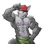  2019 abs arm_hair baseball_cap beard biceps big_muscles black_nose bodily_fluids body_hair bottomwear canid canine canis chest_hair chirros clothed clothing facial_hair fur grey_body grey_fur hat headgear headwear looking_at_viewer male mammal muscular muscular_male mustache nipples pants pecs pink_nipples scar simple_background solo standing sweat topless triceps white_background wolf 