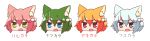  4girls 7th_dragon 7th_dragon_(series) :d alternate_eye_color alternate_hair_color animal_ear_fluff animal_ears bangs blue_eyes blush brown_eyes cat_ears eyebrows_visible_through_hair fang green_eyes green_hair hair_between_eyes hair_bobbles hair_ornament harukara_(7th_dragon) head_only highres multiple_girls naga_u one_side_up open_mouth orange_hair pink_hair purple_eyes silver_hair simple_background smile translated white_background 