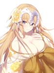  1girl blonde_hair breasts cleavage eyebrows_visible_through_hair fate/apocrypha fate_(series) flower hair_flower hair_ornament headdress jeanne_d&#039;arc_(fate) jeanne_d&#039;arc_(fate)_(all) looking_at_viewer miko_92 obi purple_eyes sash simple_background sleeves_past_wrists smile solo very_long_sleeves white_background 