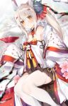  1girl ayanami_(azur_lane) azur_lane bangs breasts cherry_blossoms cleavage commentary_request cup eyebrows_visible_through_hair fine_fabric_emphasis flower fox_mask hair_between_eyes hair_flower hair_ornament headgear highres japanese_clothes kanzashi kimono long_hair long_ponytail mask mask_on_head off_shoulder orange_eyes platinum_blonde_hair sakazuki sidelocks sino_(sionori) sitting sleeves_past_fingers sleeves_past_wrists small_breasts snow solo thighhighs tsumami_kanzashi very_long_sleeves white_legwear wide_sleeves 