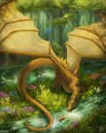  2019 aurru claws day detailed_background digital_media_(artwork) dragon fish forest grass group marine outside scales spines tree water wyvern yellow_body yellow_scales 