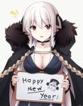  1girl :d bangs black_cape black_choker black_dress black_ribbon breasts cape choker cleavage collarbone commentary_request dress eyebrows_visible_through_hair fur-trimmed_cape fur_trim girls_frontline grey_background hair_between_eyes hair_ribbon happy_new_year highres holding holding_sign iron_cross jewelry kar98k_(girls_frontline) keenh long_hair long_sleeves looking_at_viewer medium_breasts new_year notice_lines open_mouth red_eyes ribbon ring sign sleeves_past_wrists smile solo upper_body wedding_band white_hair wings 