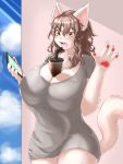  2019 4_fingers bendy_straw beverage blush breasts brown_hair bubble_tea cellphone cleavage clothed clothing domestic_cat felid feline felis female fingers fur hair hands-free_bubble_tea holding_cellphone holding_object holding_phone inake mammal meme open_mouth pawpads phone pink_tongue solo straw teeth tongue 