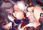  1girl antenna_hair azur_lane bangs bare_shoulders black_legwear black_panties blush breasts brown_eyes choker cleavage commentary_request headgear highres iron_cross japanese_clothes kawai kimono large_breasts long_hair long_sleeves looking_at_viewer lying mole mole_on_breast multicolored_hair on_side open_mouth panties panty_pull prinz_eugen_(azur_lane) prinz_eugen_(dance_of_a_hundred_flowers)_(azur_lane) pulled_by_self red_hair see-through side-tie_panties sideboob silver_hair solo streaked_hair sweat swept_bangs thighhighs thighs two_side_up underwear very_long_hair wet wet_clothes wide_sleeves 