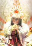  1girl animal_ears bangs circlet cowboy_shot flower fur_trim greyscale hair_bobbles hair_ornament head_tilt highres japanese_clothes kimono long_hair monochrome mouse_ears namako_(namacotan) nengajou new_year original red_eyes solo 