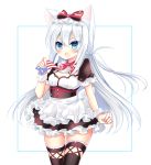  1girl :o american_flag american_flag_print animal_ear_fluff animal_ears apron azur_lane bangs black_dress black_legwear blue_eyes blush bow breasts cat_ears dress eyebrows_visible_through_hair flag_print frilled_apron frilled_dress frills hair_between_eyes hair_bow hammann_(azur_lane) holding long_hair open_mouth print_neckwear puffy_short_sleeves puffy_sleeves red_bow shikito short_sleeves silver_hair small_breasts solo standing thighhighs v-shaped_eyebrows very_long_hair waist_apron white_apron white_background wrist_cuffs 