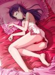  1girl ass bangs barefoot bed bed_sheet boo_(takagi) cat_girl closed_eyes eyebrows_visible_through_hair full_body gegege_no_kitarou graphite_(medium) hair_down highres legs long_hair lying nekomusume nekomusume_(gegege_no_kitarou_6) nightgown on_bed on_side panties parted_lips paw_pose pillow pointy_ears purple_hair red_panties sleeping solo thighs traditional_media underwear 