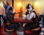  2018 abluedeer beverage black_body black_fur black_hair blue_hair blush canid canine canis clothed clothing coffee dragon drinking entwined_tails felid feline female fur grey_body grey_fur hair hybrid inside lemur male mammal primate raining restaurant romantic_couple serval sitting smile strepsirrhine wolf 