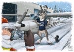  aircraft airplane anthro bottomless capreoline cellphone cervid christmas clothed clothing conditional_dnp duo eyes_closed holidays human mammal phone reindeer santa_claus smile snow snowing tani_da_real 