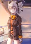  1girl absurdres black_bow blue_eyes blush bow bronya_zaychik bronya_zaychik_(wolf&#039;s_dawn) brown_jacket brown_shorts closed_mouth cloud cowboy_shot drill_hair earrings expressionless gloves hair_between_eyes hair_bow hand_on_hip highres honkai_(series) honkai_impact_3rd jacket jewelry long_sleeves looking_at_viewer military_jacket open_clothes open_jacket outdoors polka_dot polka_dot_bow short_hair short_shorts shorts silver_hair solo twin_drills twintails white_gloves yami_anko 