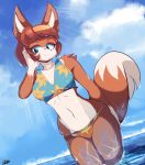  anthro bikini blue_eyes breasts canid canine clothed clothing dipstick_tail elina_(kenjikanzaki05) female fox freakyed gloves_(marking) mammal markings midriff multicolored_tail navel partially_submerged solo swimwear wet 