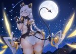  1girl absurdres animal_ears ass black_gloves blue_eyes blush braid butt_crack cameltoe cat_ears fingerless_gloves from_behind full_moon gloves hair_between_eyes hair_ornament hairclip hands_up highres honkai_(series) honkai_impact_3rd kiana_kaslana leaning_forward leotard long_hair looking_at_viewer looking_back mechanical_ears mechanical_tail mechanical_wings moon night night_sky open_mouth shooting_star sideless_outfit silver_hair sky solo star_(sky) starry_sky tail thigh_gap thighs tokayou twin_braids twintails very_long_hair wings 