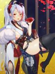  1girl antenna_hair azur_lane bangs black_legwear black_panties blush breasts brown_eyes choker cleavage collarbone commentary_request cup hair_between_eyes headgear highres holding holding_cup iron_cross japanese_clothes kimono large_breasts long_hair looking_at_viewer mimiko_(fuji_310) mole mole_on_breast multicolored_hair open_mouth panties prinz_eugen_(azur_lane) prinz_eugen_(dance_of_a_hundred_flowers)_(azur_lane) red_hair sakazuki side-tie_panties sideboob silver_hair smile solo streaked_hair swept_bangs thighhighs thighs two_side_up underwear very_long_hair wide_sleeves 