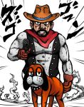  beard black_hair blue_eyes canid canine canis clothing cowboy cowboy_hat domestic_dog duck_hunt duck_hunt_dog facial_hair fur gun hair hat headgear headwear human japanese_text jojo&#039;s_bizarre_adventure male mammal nintendo orange_body orange_fur ranged_weapon super_smash_bros. text unknown_artist video_games weapon wild_gunman wild_gunmen 