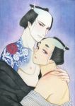  2boys acrylic_paint_(medium) bare_shoulders black_hair blue_eyes blush chest chonmage collarbone eyeliner half-closed_eyes hand_up head_on_chest head_tilt highres hug irezumi japanese_clothes kimono lips looking_at_viewer makeup male_focus manji_(momo_to_manji) momo_(momo_to_manji) momo_to_manji multiple_boys nadeshiko_rin nipples off_shoulder open_clothes open_kimono parted_lips shoulder_blades tattoo topknot traditional_media upper_body yaoi 