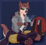  2020 4_toes ailoy4 anthro backpack bottomwear brown_body brown_fur brown_hair clothed clothing digitigrade eyewear female fur glasses hair hi_res hoodie hybrid mammal paws safe shirt shorts simple_background sitting solo toes topwear 