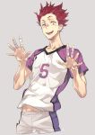  1boy arms_up bandaged_fingers bandages collarbone grey_background haikyuu!! looking_at_viewer male_focus number open_mouth red_eyes red_hair shirt short_hair short_sleeves simple_background solo spiked_hair sportswear t-shirt teeth tendou_satori tongue toujou_sakana uniform volleyball_uniform 