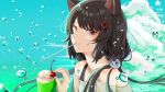  1girl animal_ears bangs black_hair blush bubble casual cherry closed_mouth cloud cup dog_ears dog_girl dog_hair_ornament drinking_glass drinking_straw drinking_straw_in_mouth flower food fruit hair_flower hair_ornament heterochromia highres ibuki_(ibuki0118) ice_cream ice_cream_float inui_toko looking_at_viewer melon_soda nijisanji off_shoulder red_eyes shirt smile solo sweat twintails upper_body virtual_youtuber white_shirt yellow_eyes 