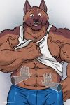 2018 5_fingers abs anthro biceps big_muscles bottomwear brown_body brown_fur bulge canid canine canis clothing domestic_dog facial_piercing fingers fur german_shepherd ghost_hands herding_dog huge_muscles madcow100 male mammal muscular muscular_male nipples nose_piercing nose_ring pastoral_dog pecs piercing shirt shorts smile solo solo_focus tank_top topwear veiny_muscles von_(madcow100) wfa 