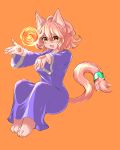  3_toes 4_fingers amber_eyes breasts clothed clothing domestic_cat felid feline felis female fingers hair inake mammal open_mouth orange_background pawpads pink_tongue simple_background solo teeth toes tongue 