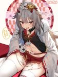  1girl 2020 ahoge azur_lane bandages bangs blush eyebrows_visible_through_hair eyelashes fur_trim grey_hair hair_between_eyes hair_ornament hibiki_(azur_lane) highres horns japanese_clothes long_hair long_sleeves naughty_face navel new_year oekakizuki oni oni_horns open_mouth red_eyes red_horns red_skirt sarashi skirt solo speech_bubble thighhighs thighs white_legwear wide_sleeves 