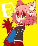  1girl 7th_dragon 7th_dragon_(series) :d animal_ear_fluff animal_ears bangs belt belt_buckle blue_jacket blush buckle cat_ears dutch_angle eyebrows_visible_through_hair fang gloves green_eyes hair_between_eyes hair_bobbles hair_ornament hand_up harukara_(7th_dragon) highres jacket long_sleeves looking_at_viewer looking_to_the_side naga_u one_side_up open_mouth pink_hair red_gloves smile solo upper_body white_belt yellow_background 