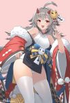  1girl :d ahoge armpits azur_lane bare_shoulders claw_pose commentary_request cuboon fur_trim grey_hair hair_ornament hand_on_hip hand_up hibiki_(azur_lane) hibiki_(new_year&#039;s_little_imp)_(azur_lane) horns japanese_clothes kanzashi leg_up long_hair looking_at_viewer off_shoulder open_mouth platform_footwear red_eyes shirt sleeveless sleeveless_shirt smile solo thighhighs thighs twitter_username very_long_hair white_legwear wide_sleeves zouri 