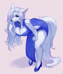  2019 5_fingers anthro blue_clothing blue_eyes breasts canid canine claws cleavage clothed clothing collar collar_tag digital_media_(artwork) dress female fingers footwear fur hair high_heels lapinou looking_at_viewer mammal name_tag shoes simple_background slit_dress solo standing white_background white_body white_fur white_hair 