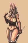  2019 anthro breasts canid canine clothing female hair holding_object inake loincloth mammal nipple_outline open_mouth simple_background solo teeth 