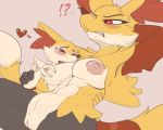  ! &lt;3 2019 ? anthro blush braixen breasts canid canine cooliehigh delphox female fur inner_ear_fluff mammal nintendo nipples pok&eacute;mon pok&eacute;mon_(species) red_eyes size_difference small_dom_big_sub tuft video_games yellow_body yellow_fur 
