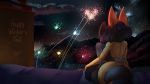  black_hair canid canine cloud female fenavi_montaro fennec feretta fireworks fox fur grey_body grey_fur hair mammal mountain nude rear_view red_fox scenery silver_fox sky snow vix_(feretta) yellow_body yellow_fur 