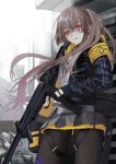  1girl absurdres bangs black_gloves black_legwear brown_eyes building commentary_request debris fingerless_gloves girls_frontline gloves grey_hair grey_skirt gun h&amp;k_ump45 hair_between_eyes hair_ornament highres holding holding_gun holding_weapon jacket lips long_hair long_sleeves looking_at_viewer mer one_side_up outdoors pantyhose parted_lips ruins scar scar_across_eye shirt skirt smile solo standing submachine_gun ump45_(girls_frontline) upper_body weapon white_shirt 