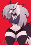  anthro big_breasts breasts canid canid_demon canine canis cleavage clothed clothing collar curvaceous curvy_figure demon female fur hair hellhound helluva_boss hi_res legwear loona_(vivzmind) mammal midriff piercing red_sclera seductive simple_background spikes stockings teeth thick_thighs thong underwear voluptuous white_body white_fur wolf xplaysx 