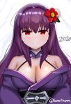  1girl 2020 alternate_costume artist_name breasts cleavage collar eyebrows_visible_through_hair fate/grand_order fate_(series) flower hair_flower hair_ornament highres japanese_clothes kame_kame_happa kimono large_breasts long_hair looking_at_viewer off_shoulder purple_hair red_eyes scathach_(fate)_(all) scathach_(fate/grand_order) smile solo 