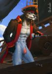  2019 abs anthro balls blizzard_entertainment boat bodily_fluids canid canine canis cloth clothed clothing digital_media_(artwork) fur genital_fluids hat headgear headwear humanoid_penis male mammal marine muscular muscular_male nude outside penis pirate sea ship solo vehicle video_games warcraft water were werecanid werecanine werewolf wolf worgen 