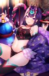  1girl bare_shoulders black_legwear blurry breasts choker crop_top cup earrings fangs fate/grand_order fate_(series) fundoshi gourd hair_ornament highres holding japanese_clothes jewelry looking_at_viewer midriff navel off_shoulder oni_horns pointy_ears purple_eyes purple_hair rope sakazuki shimenawa shouu-kun shuten_douji_(fate/grand_order) shuten_douji_(halloween_caster)_(fate) sleeveless small_breasts solo spaghetti_strap star star_print thighhighs thighs wide_sleeves 