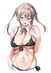  1girl alternate_costume bikini black_bikini blonde_hair blush breasts ebifurya graf_zeppelin_(kantai_collection) grey_eyes hair_between_eyes highres kantai_collection large_breasts navel open_mouth sidelocks simple_background solo swimsuit twintails twitter_username white_background 