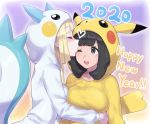  2girls ;d asymmetrical_docking bangs black_eyes black_hair blonde_hair blush breast_press breasts closed_eyes cosplay eyebrows_visible_through_hair happy_new_year heart highres hug kiss large_breasts lillie_(pokemon) long_sleeves medium_breasts mizuki_(pokemon) mizuumi_(bb) multicolored multicolored_background multiple_girls new_year one_eye_closed open_mouth pachirisu pachirisu_(cosplay) pikachu pikachu_(cosplay) pikachu_costume pokemon pokemon_(game) pokemon_sm short_hair sidelocks smile upper_body 