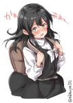  1girl bag black_hair blush commentary_request dress ebifurya eyebrows_visible_through_hair green_eyes hair_between_eyes hair_ornament hairclip highres kantai_collection long_hair long_sleeves looking_at_viewer open_mouth oyashio_(kantai_collection) pinafore_dress school_bag school_uniform shirt simple_background solo translation_request twitter_username white_background white_neckwear white_shirt 