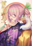  1girl 2020 alternate_costume bangs blush commentary_request eyebrows_visible_through_hair fate/grand_order fate_(series) fou_(fate/grand_order) glasses hair_ornament hair_over_one_eye japanese_clothes kimono looking_at_viewer mash_kyrielight open_mouth ponytail purple_eyes purple_kimono short_hair smile solo tef translation_request 