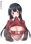  1girl agano_(kantai_collection) bikini black_hair blouse blush breasts clothes_lift ebifurya eyepatch_bikini green_eyes highres kantai_collection large_breasts lifted_by_self long_hair looking_at_viewer midriff mouth_hold navel red_bikini red_sweater shiny shiny_skin solo stomach sweater sweater_lift swimsuit twitter_username underboob upper_body white_background 