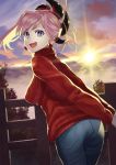  1girl asymmetrical_hair beppu_mitsunaka blue_eyes breasts cloud denim earrings fate/grand_order fate_(series) from_behind hair_ornament highres jeans jewelry large_breasts long_sleeves looking_back miyamoto_musashi_(fate/grand_order) mountainous_horizon outdoors pants pink_hair ponytail red_sweater sky solo sunrise sweater 