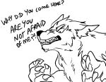  ?! anthro black_and_white canid canine canis claws comic dialogue english_text fizzy-dog fluffy mammal monochrome reaction_image sharp_teeth solo teeth text were werecanid werecanine werewolf wolf 
