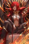  1girl absurdres board_game breasts cape cleavage contemporary family_crest fate/grand_order fate_(series) formal go hair_over_one_eye highres kurisustinah oda_nobunaga_(fate)_(all) oda_nobunaga_(maou_avenger)_(fate) oda_uri open_clothes popped_collar red_cape red_eyes red_hair sitting solo suit 