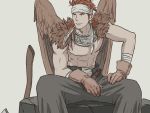  1boy abs black_pants brown_gloves brown_wings canopus_wolph earrings feather_earrings feathered_wings gloves headband jewelry long_hair male_focus pants red_hair sitting solo tactics_ogre weapon windcaller wings 