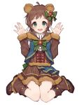  1girl :d ahoge animal_ears blush boots brown_footwear brown_hair brown_skirt full_body fur-trimmed_skirt fur-trimmed_sleeves fur_trim green_eyes hair_ornament hands_up highres idolmaster idolmaster_million_live! kinoshita_hinata long_sleeves looking_at_viewer open_mouth shone short_hair simple_background sitting skirt smile solo wariza white_background 